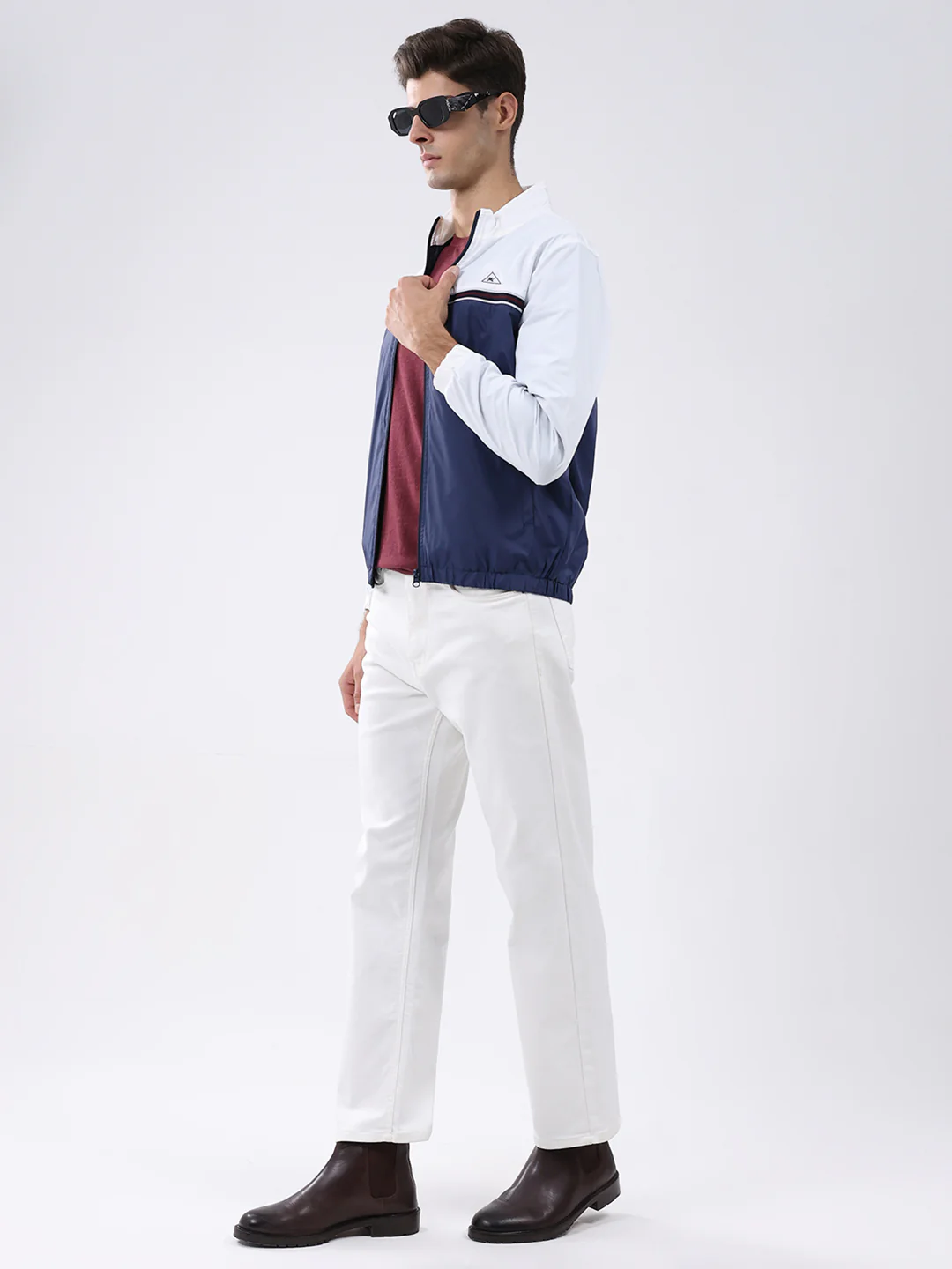 Men Navy Blue Self Design Stand Collar Full Sleeve Jacket - Image 2