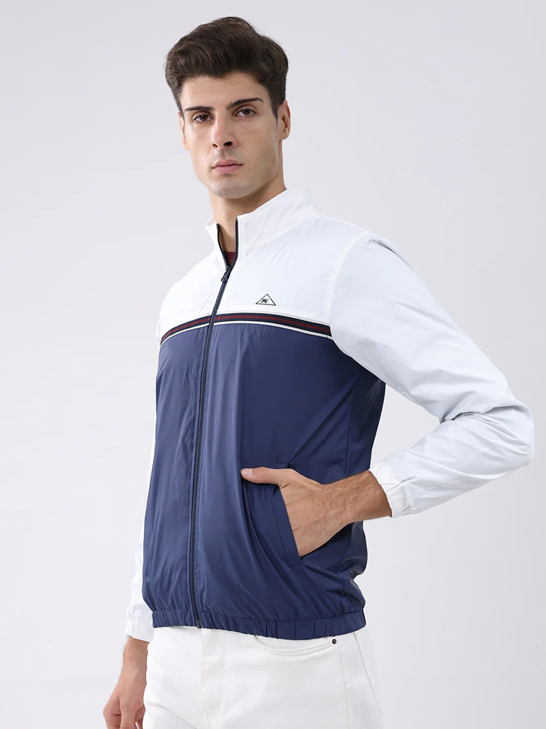 Men Navy Blue Self Design Stand Collar Full Sleeve Jacket - Image 3