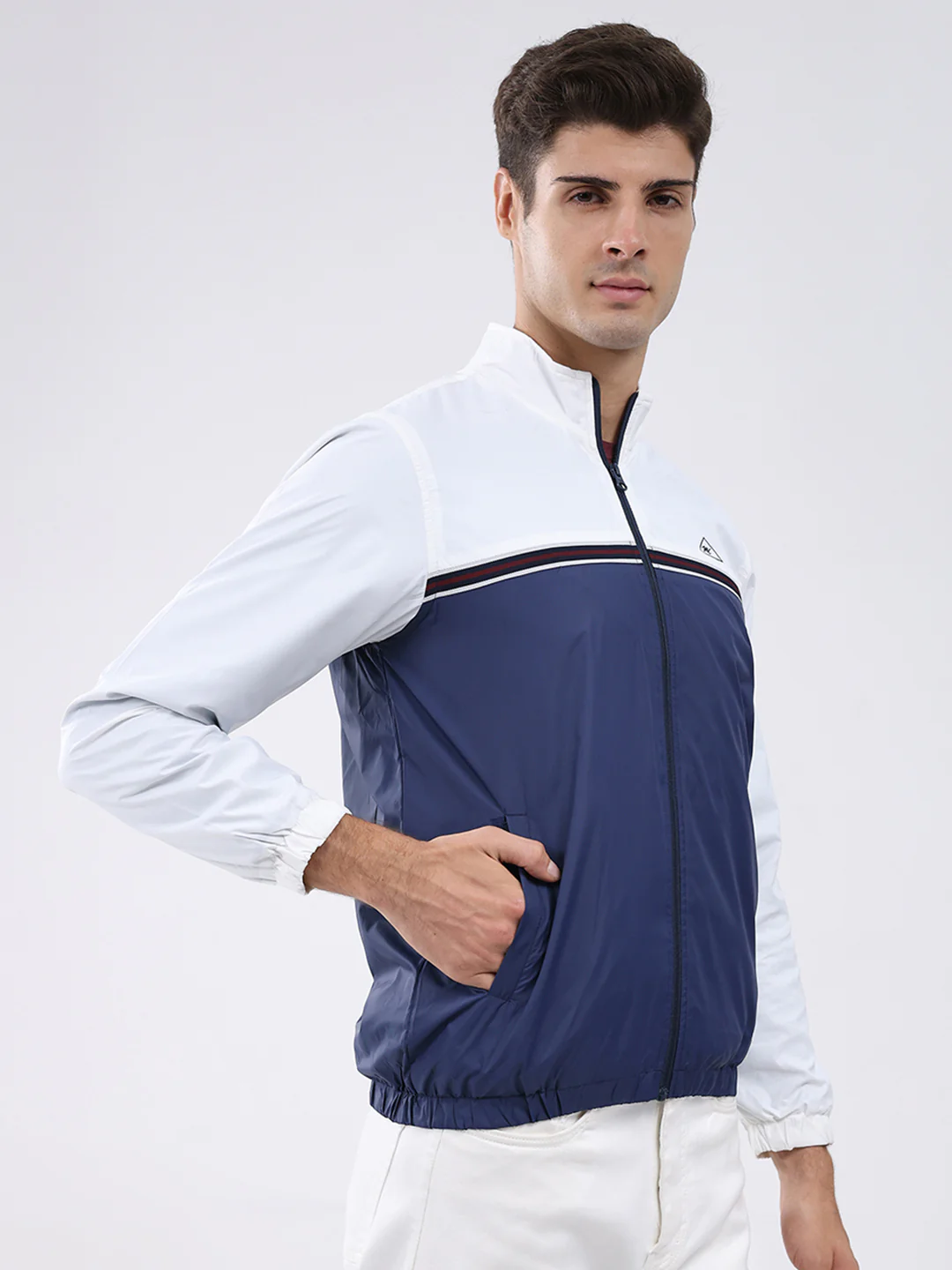 Men Navy Blue Self Design Stand Collar Full Sleeve Jacket - Image 4
