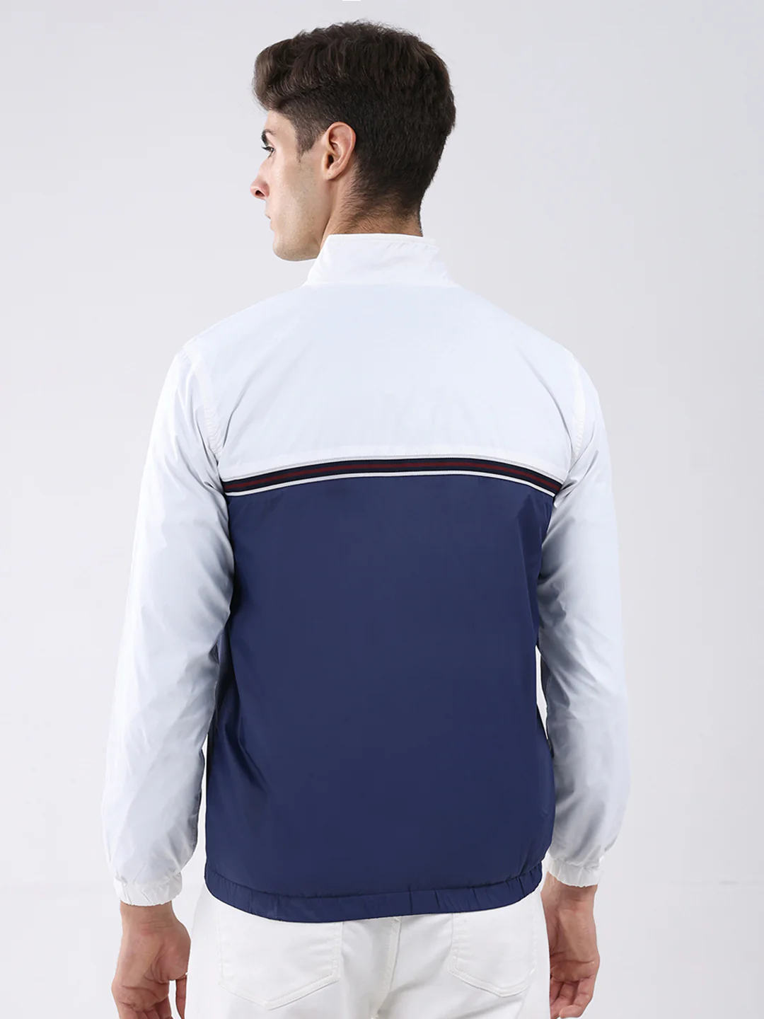 Men Navy Blue Self Design Stand Collar Full Sleeve Jacket - Image 5
