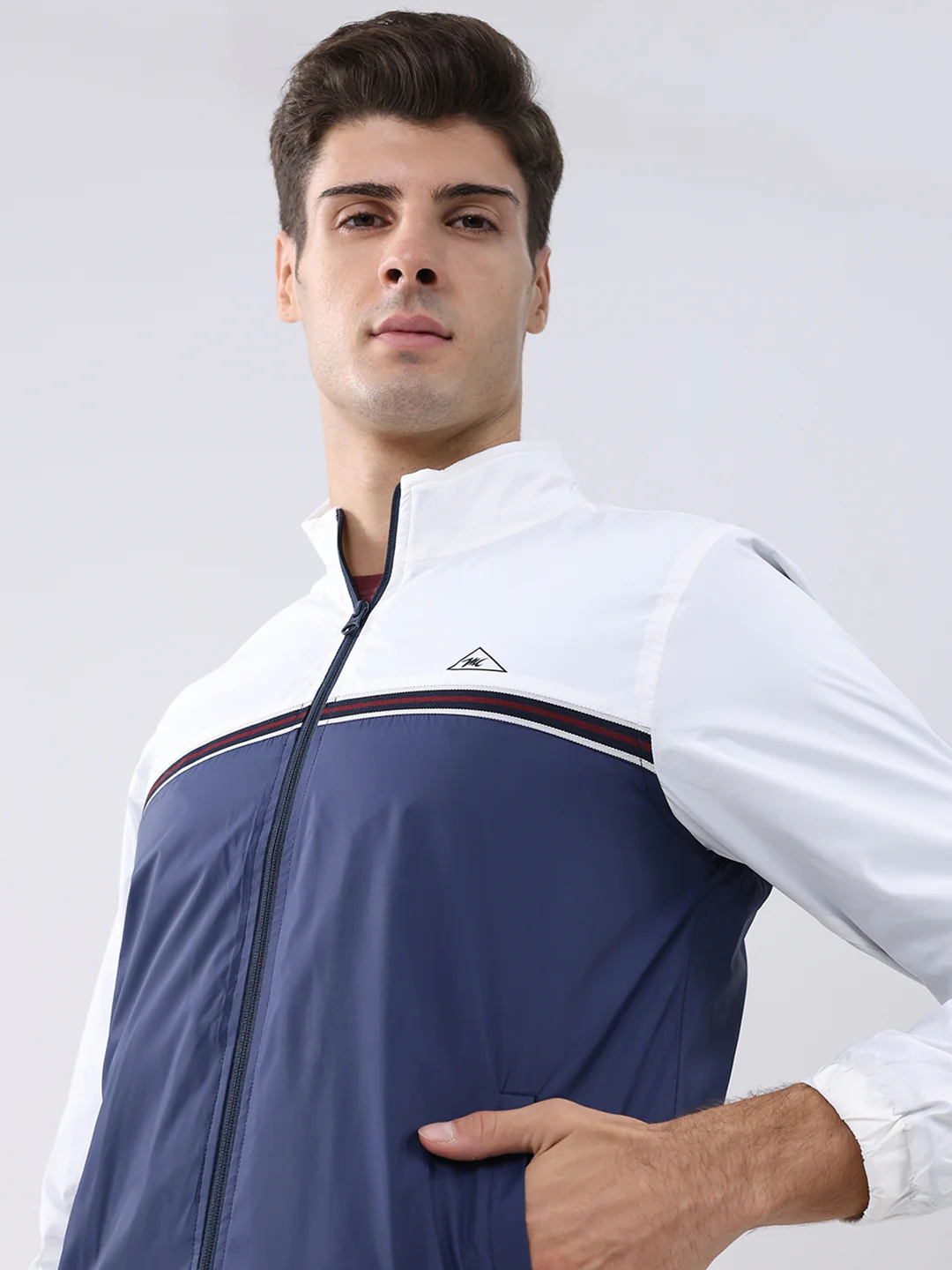 Men Navy Blue Self Design Stand Collar Full Sleeve Jacket - Image 7