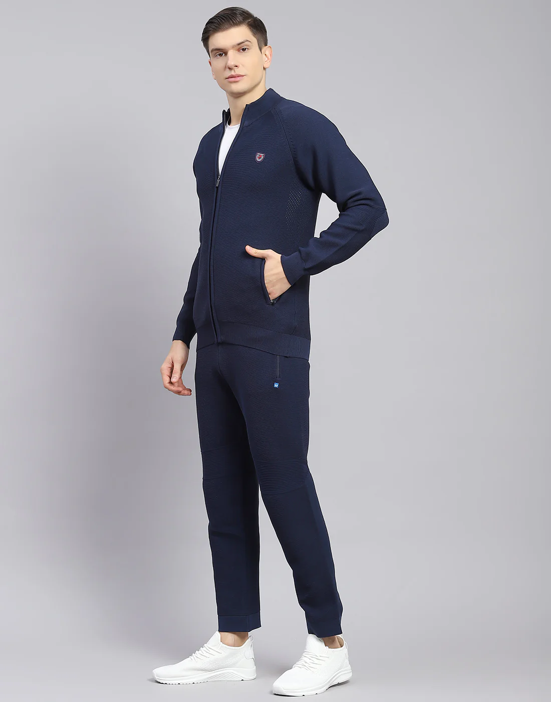 Men Navy Blue Self Design Stand Collar Full Sleeve Tracksuit - Image 4