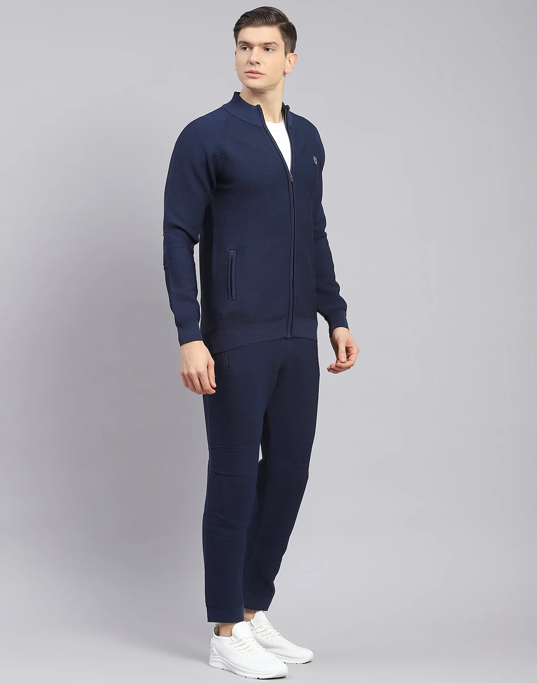 Men Navy Blue Self Design Stand Collar Full Sleeve Tracksuit - Image 6