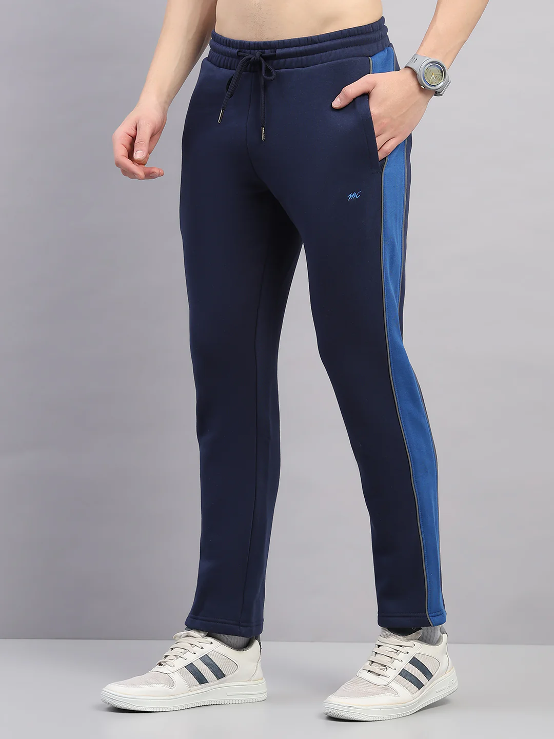 Men Navy Blue Self Design Stand Collar Full Sleeve Winter Tracksuit - Image 6