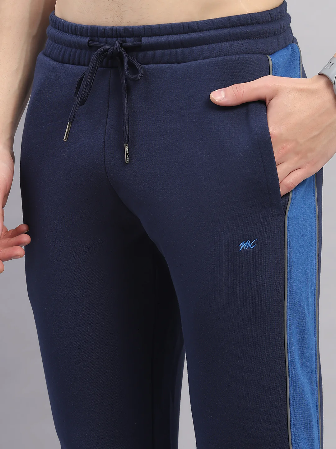 Men Navy Blue Self Design Stand Collar Full Sleeve Winter Tracksuit - Image 8