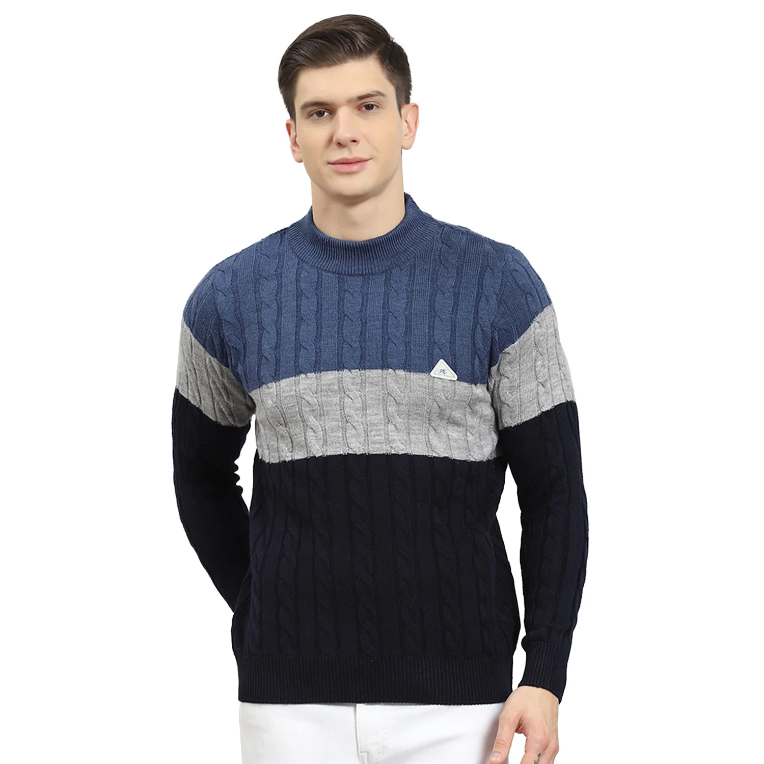 Men Navy Blue Self Design T Neck Full Sleeve Sweater - Image 5