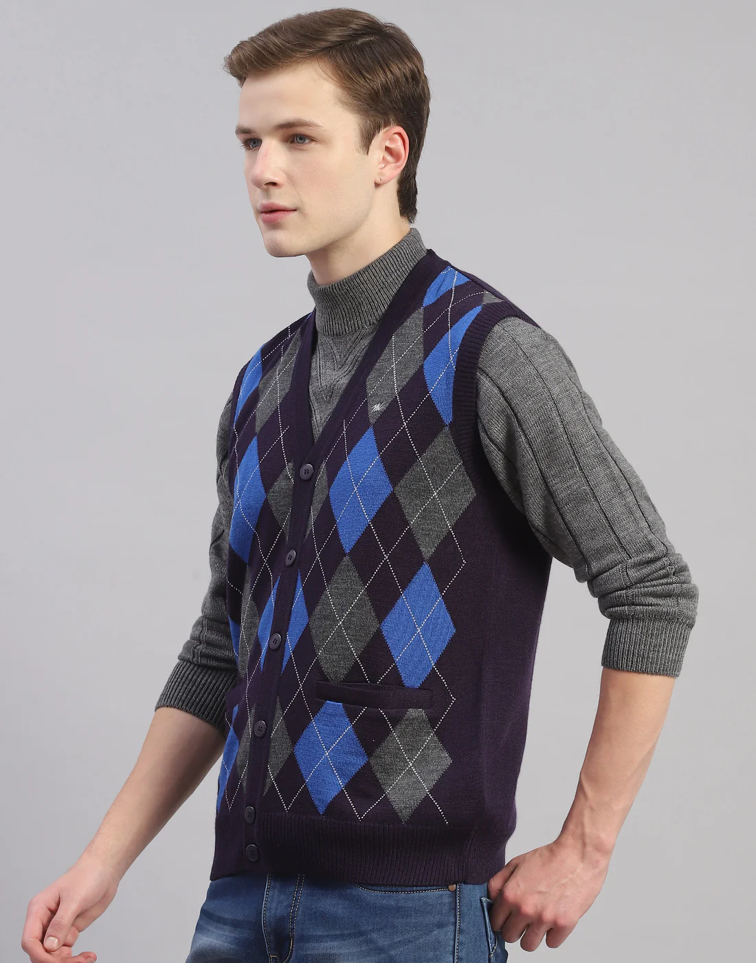 Men Navy Blue Self Design V Neck Full Sleeve Cardigan - Image 4