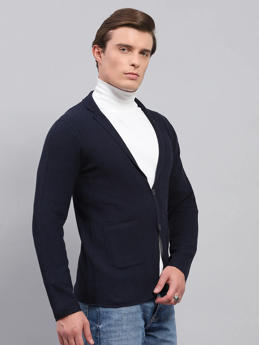 Men Navy Blue Self Design V Neck Full Sleeve Coat - Image 4