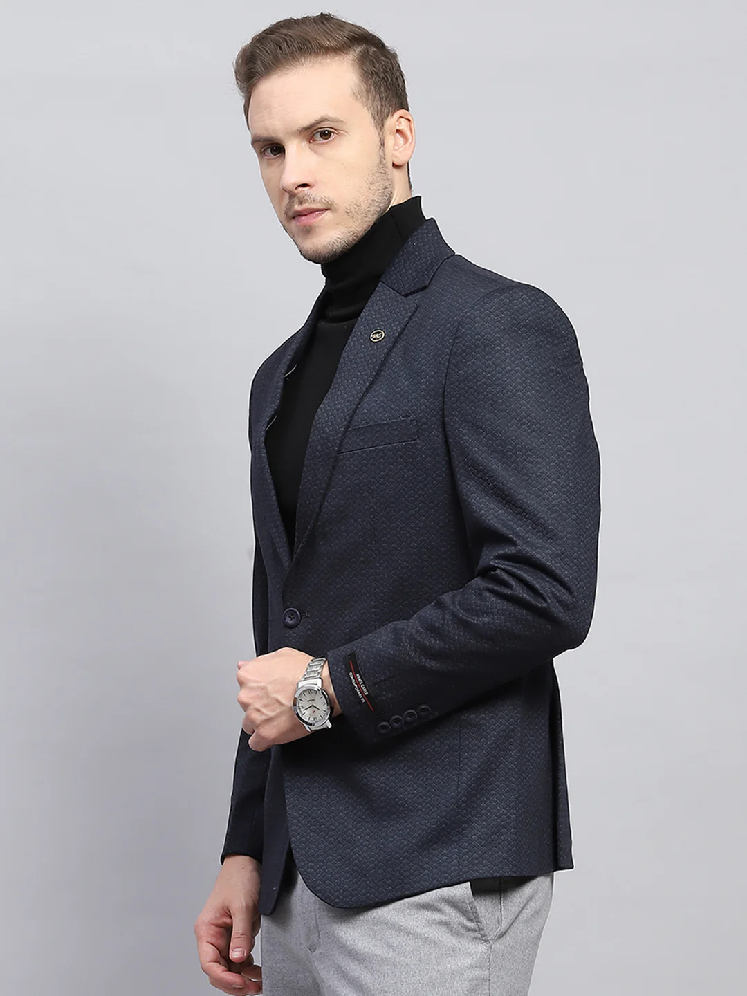 Men Navy Blue Self Design V Neck Full Sleeve Coat - Image 3