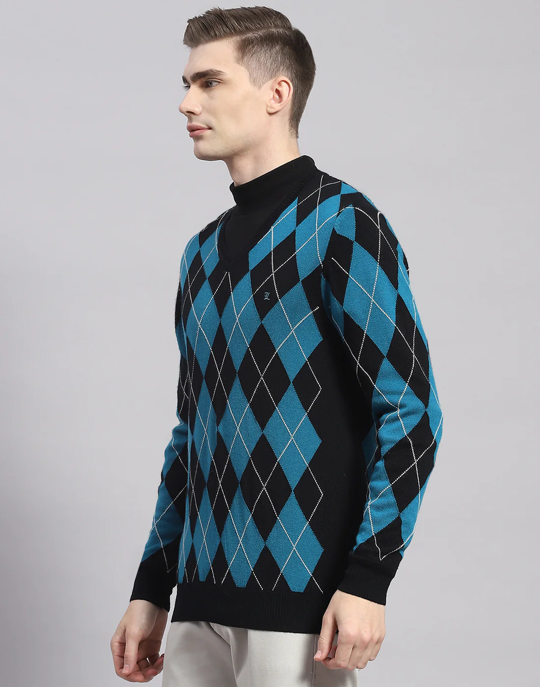 Men Navy Blue Self Design V Neck Full Sleeve Pullover - Image 3