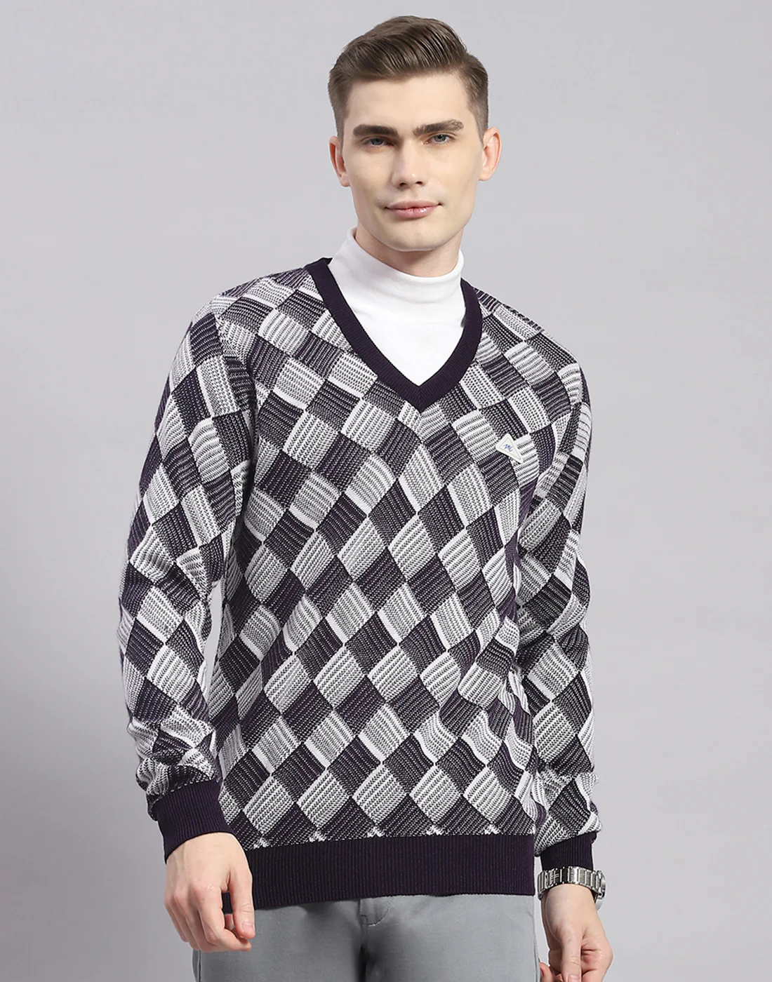 Men Navy Blue Self Design V Neck Full Sleeve Pullover - Image 3