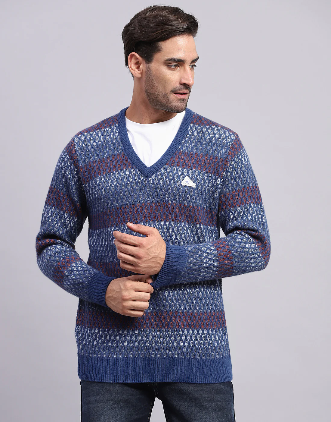Men Navy Blue Self Design V Neck Full Sleeve Pullover - Image 2