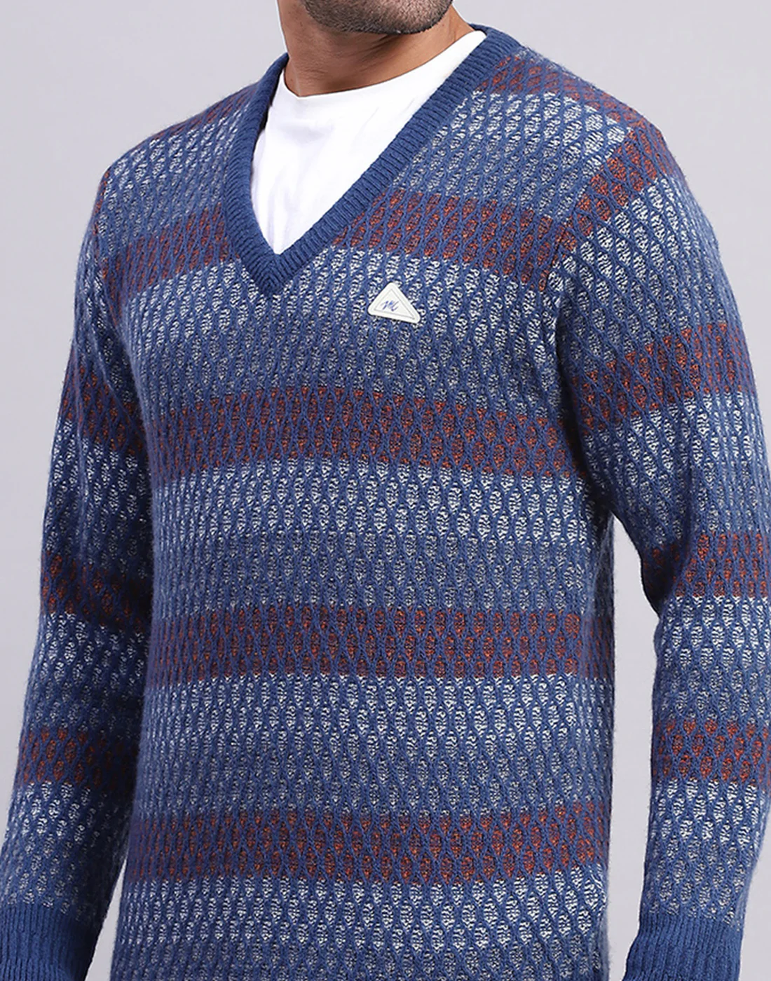 Men Navy Blue Self Design V Neck Full Sleeve Pullover - Image 6