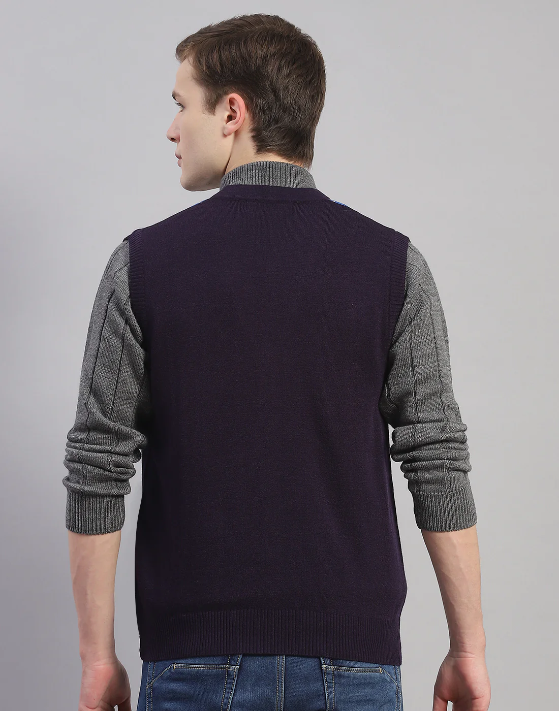 Men Navy Blue Self Design V Neck Sleeveless Cardigan - Image 5