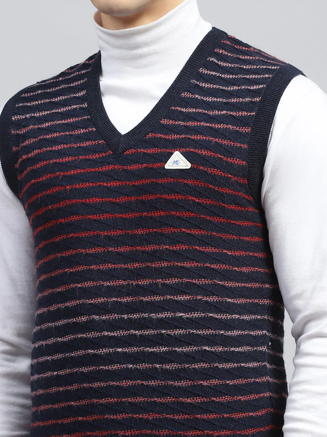 Men Navy Blue Self Design V Neck Sleeveless Sweater - Image 7
