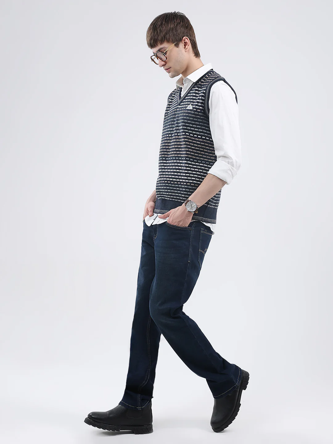 Men Navy Blue Self Design V Neck Sleeveless Sweater - Image 2
