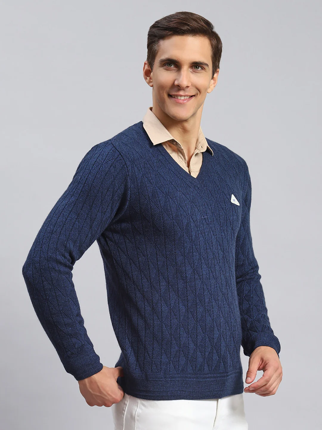 Men Navy Blue Self Design Wool blend Pullover - Image 3