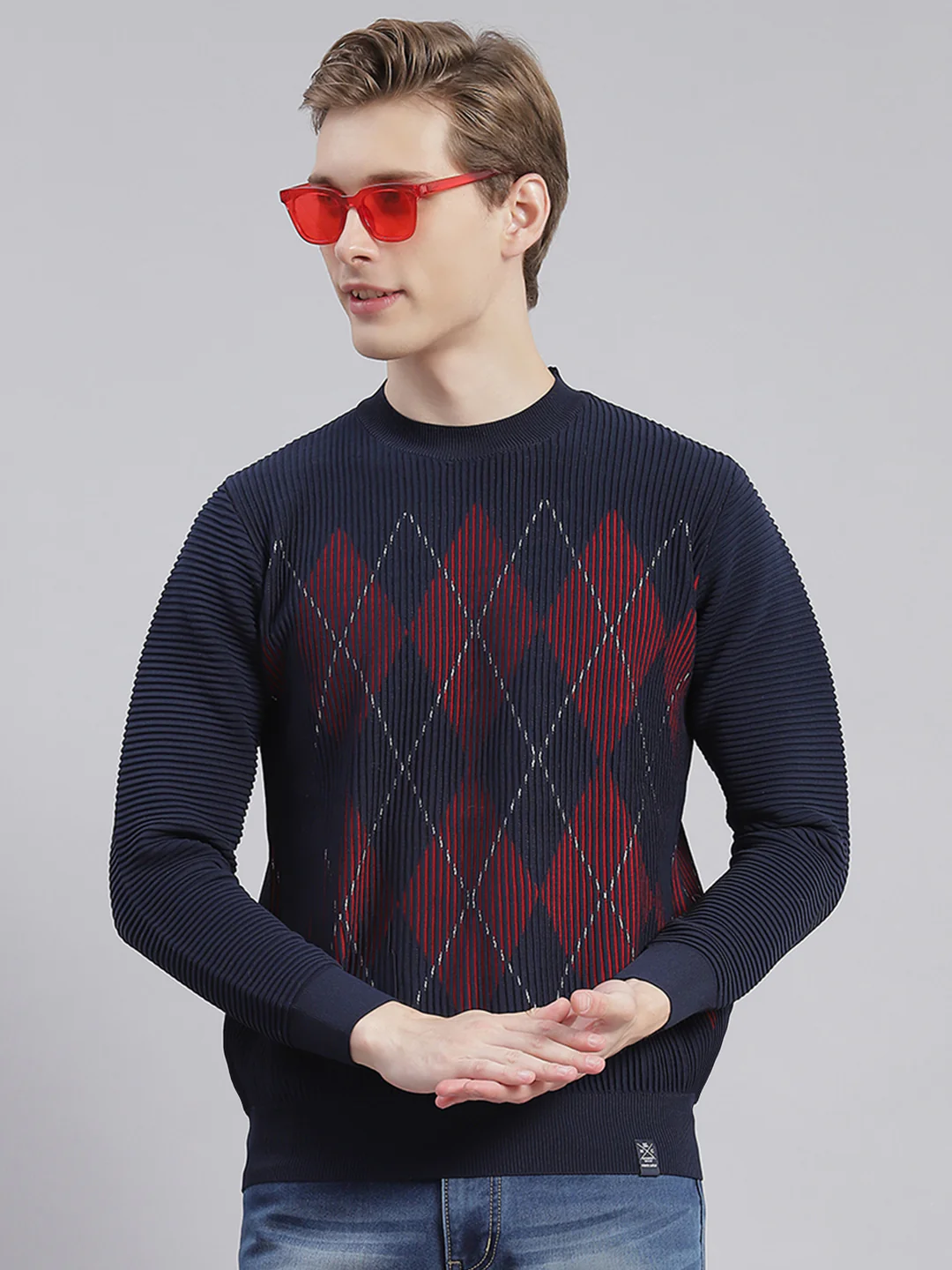 Men Navy Blue Self Design Round Neck Full Sleeve Sweaters/Pullovers - Image 3