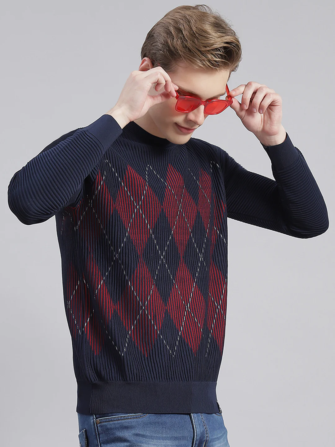 Men Navy Blue Self Design Round Neck Full Sleeve Sweaters/Pullovers - Image 5