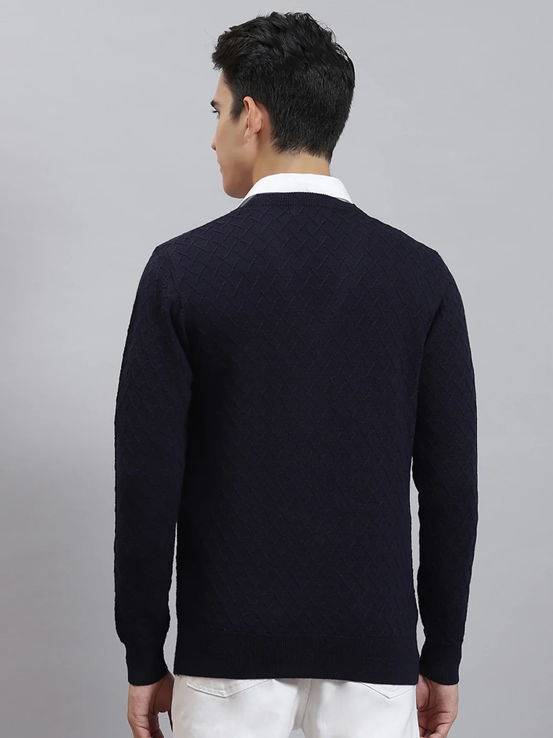 Men Navy Blue Self Design V Neck Full Sleeve Sweaters/Pullovers - Image 5