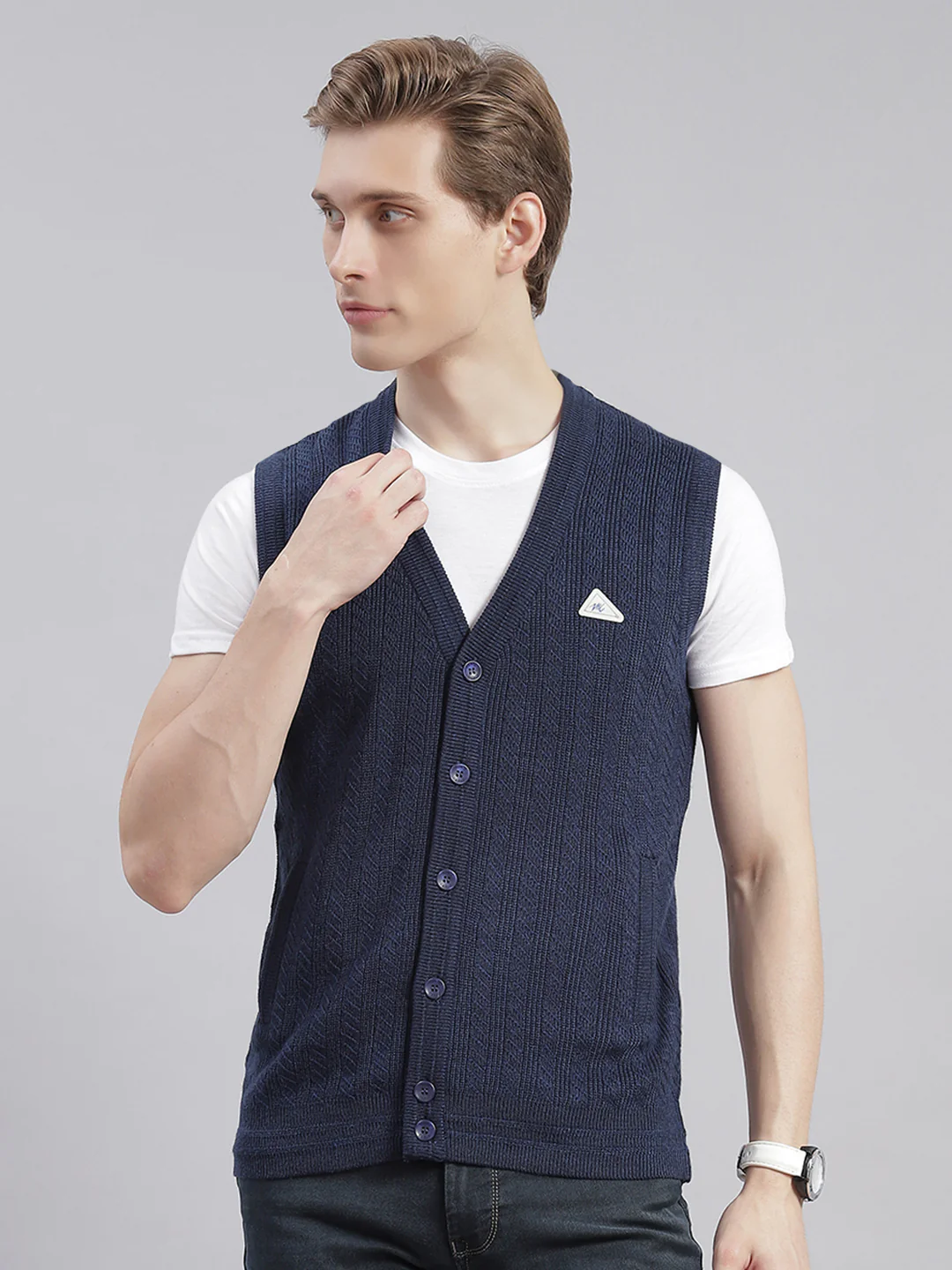 Men Navy Blue Self Design V Neck Sleeveless Cardigans - Image 2