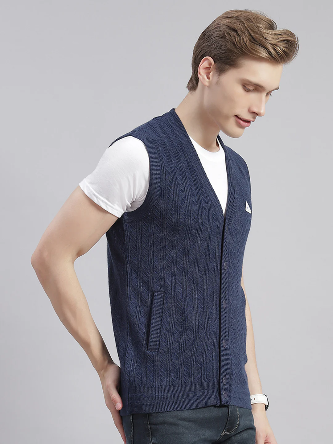 Men Navy Blue Self Design V Neck Sleeveless Cardigans - Image 4