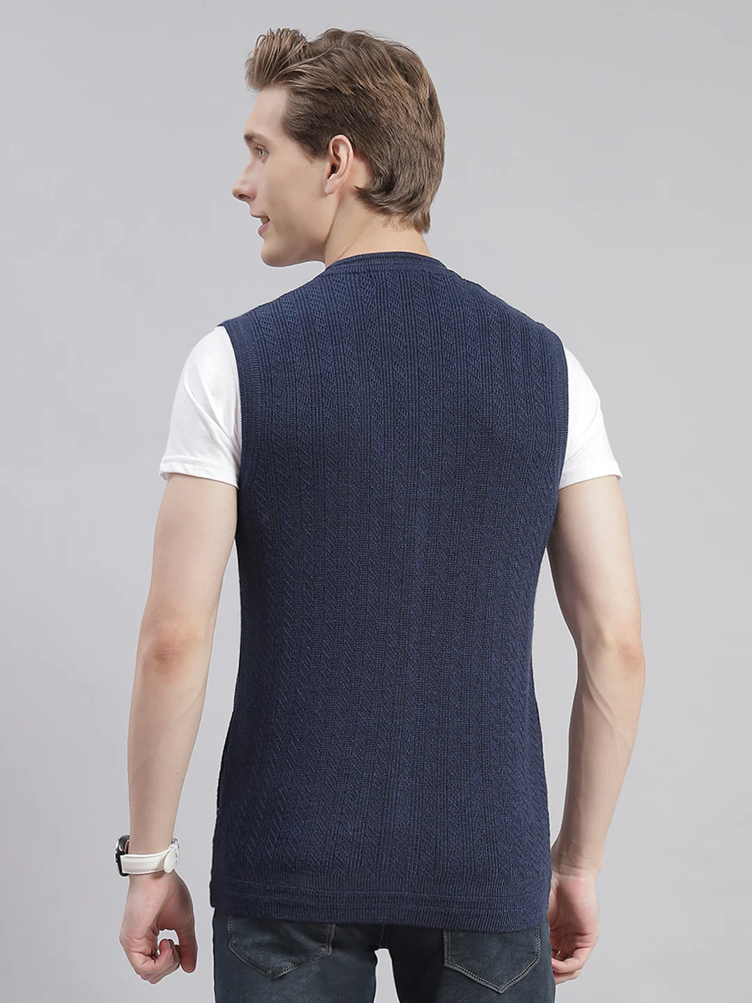 Men Navy Blue Self Design V Neck Sleeveless Cardigans - Image 5