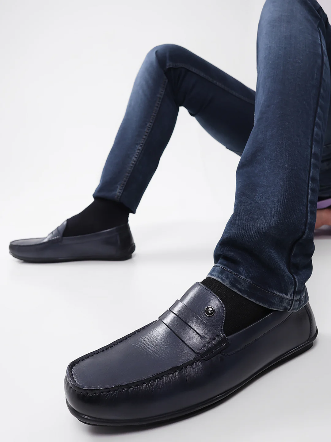 Men Navy Blue Slip on Genuine Leather Loafers - Image 11
