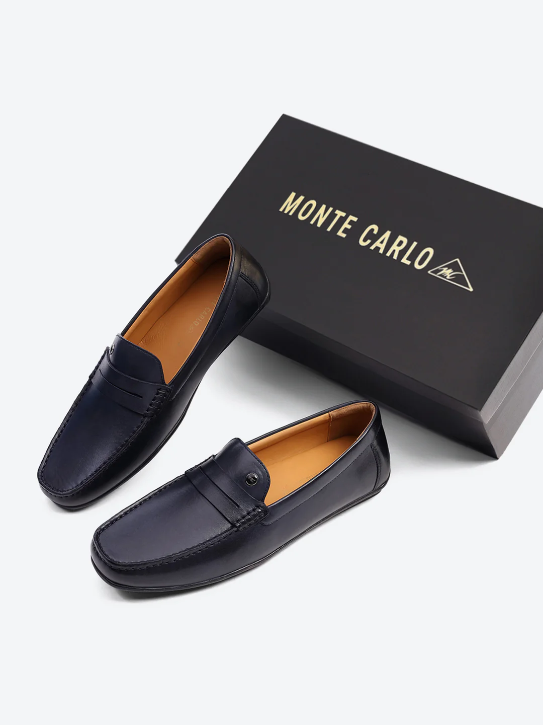 Men Navy Blue Slip on Genuine Leather Loafers - Image 2