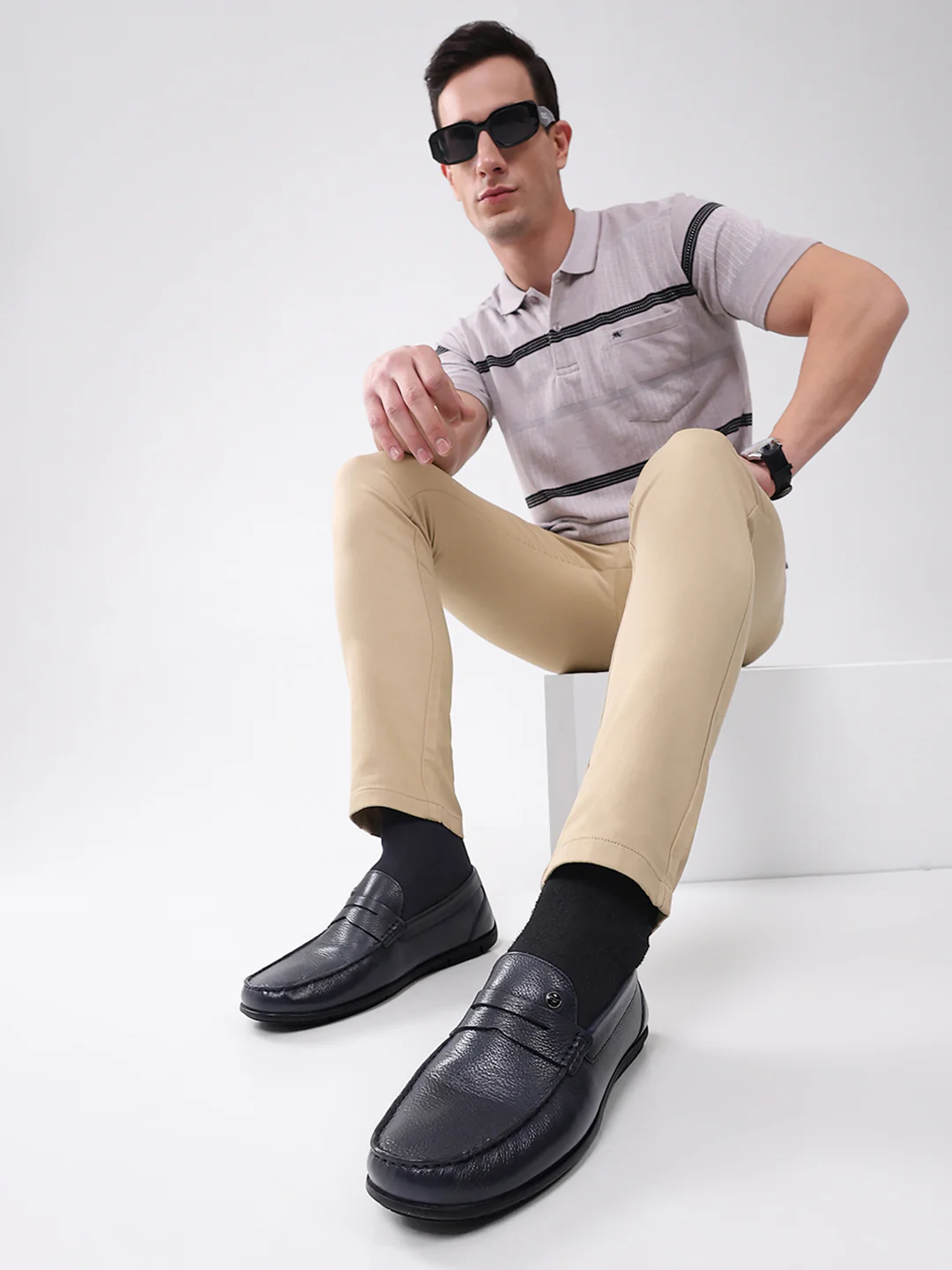 Men Navy Blue Slip on Genuine Leather Loafers - Image 11