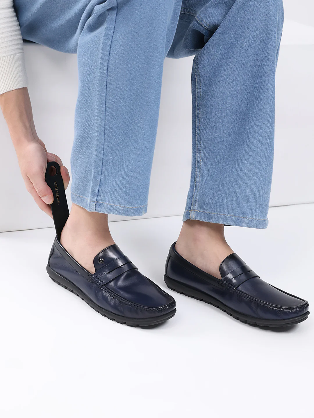 Men Navy Blue Slip on Leather Loafers - Image 11