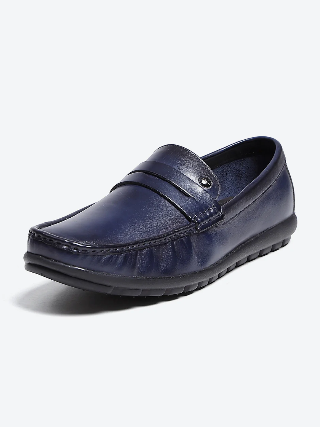 Men Navy Blue Slip on Leather Loafers - Image 3