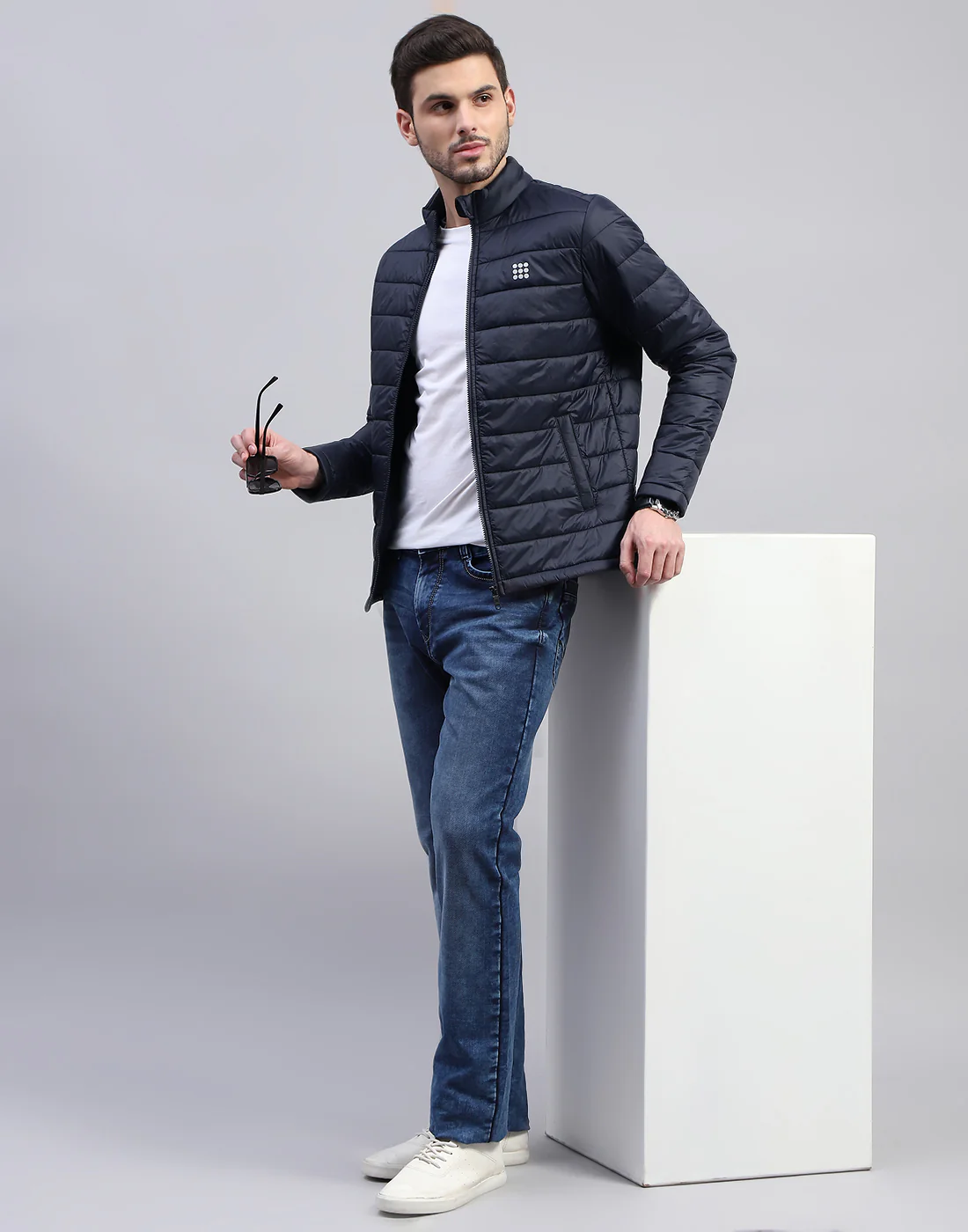 Rock.it Men Navy Blue Solid Band Collar Full Sleeve Jacket - Image 3