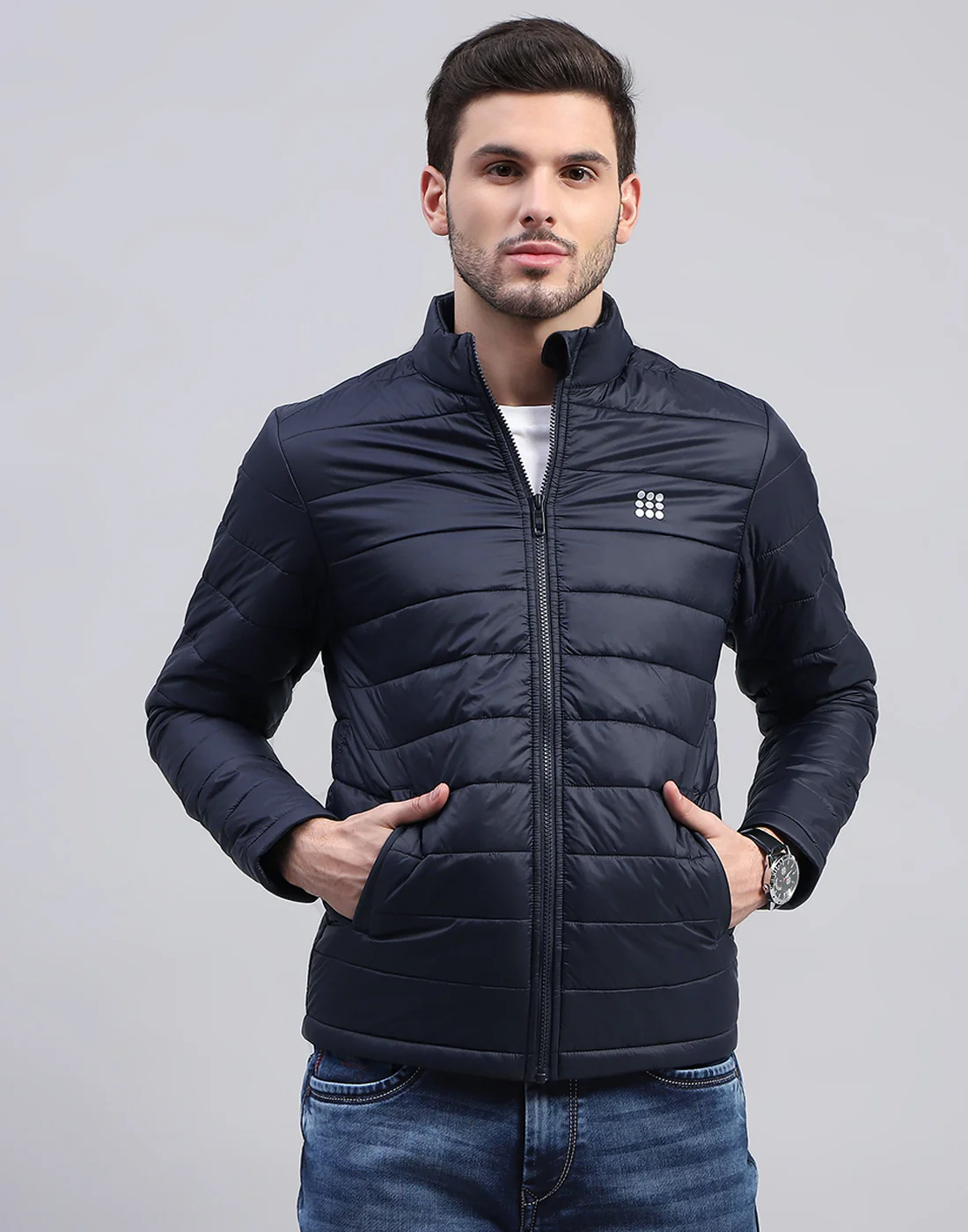 Rock.it Men Navy Blue Solid Band Collar Full Sleeve Jacket - Image 4