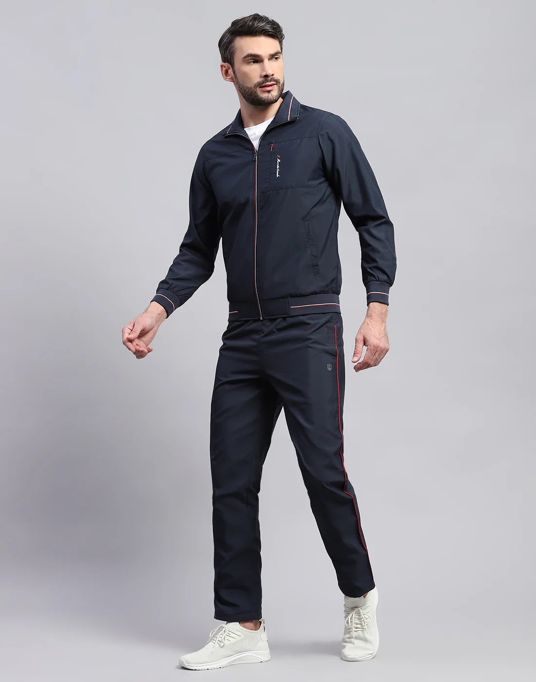 Men Navy Blue Solid Band Collar Full Sleeve Winter Tracksuit - Image 3
