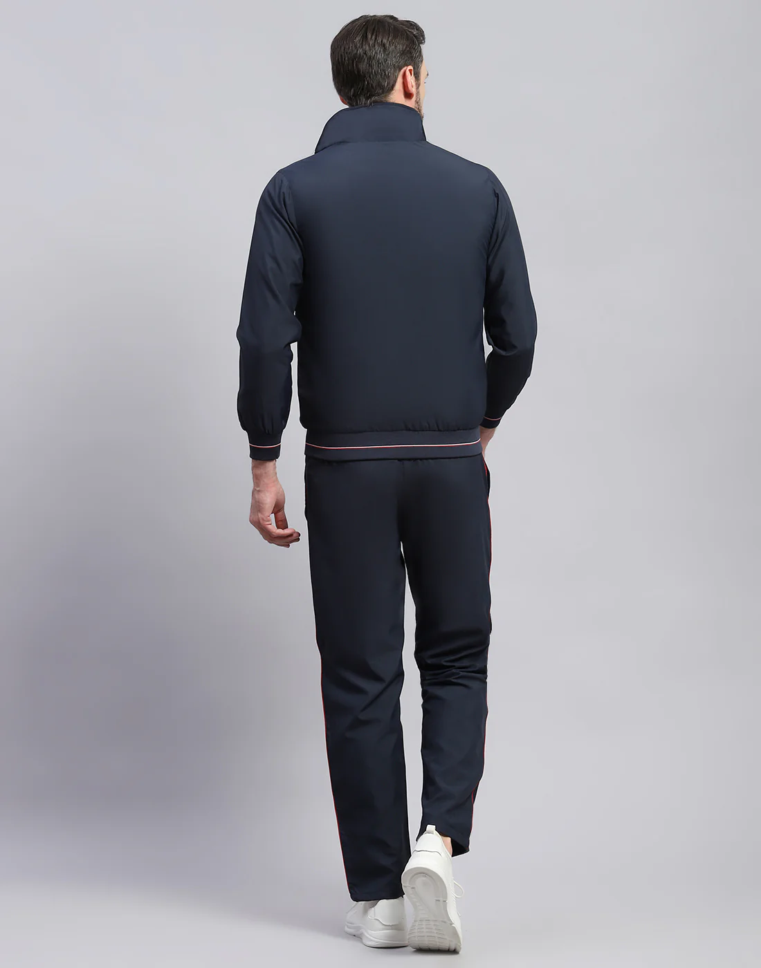 Men Navy Blue Solid Band Collar Full Sleeve Winter Tracksuit - Image 5