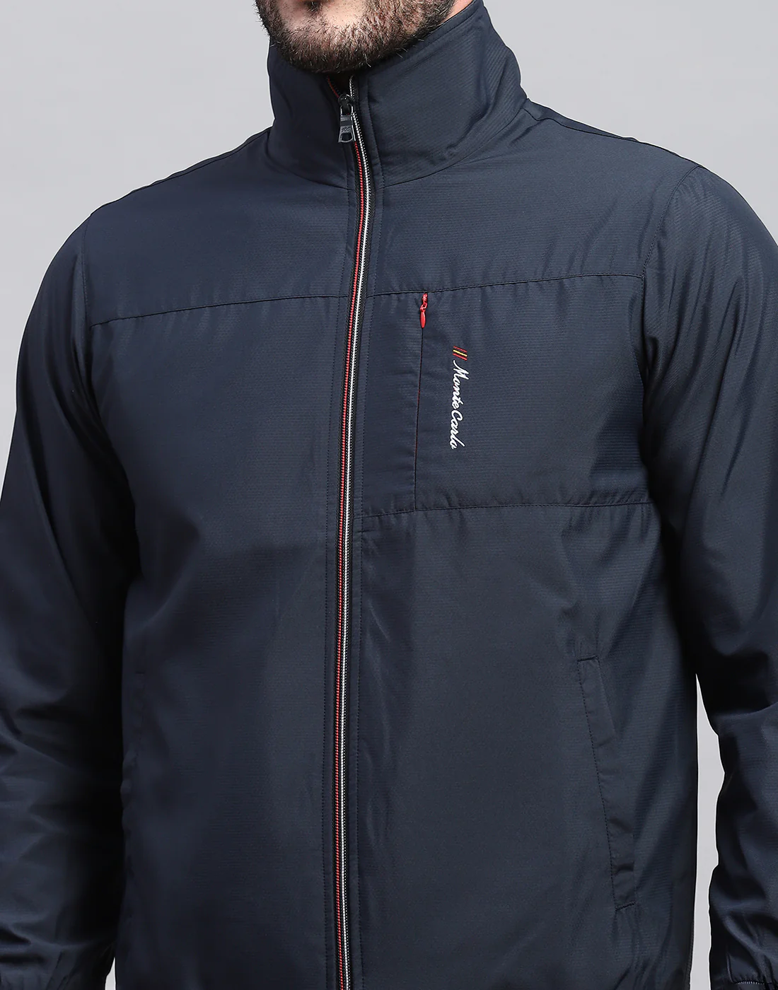 Men Navy Blue Solid Band Collar Full Sleeve Winter Tracksuit - Image 6