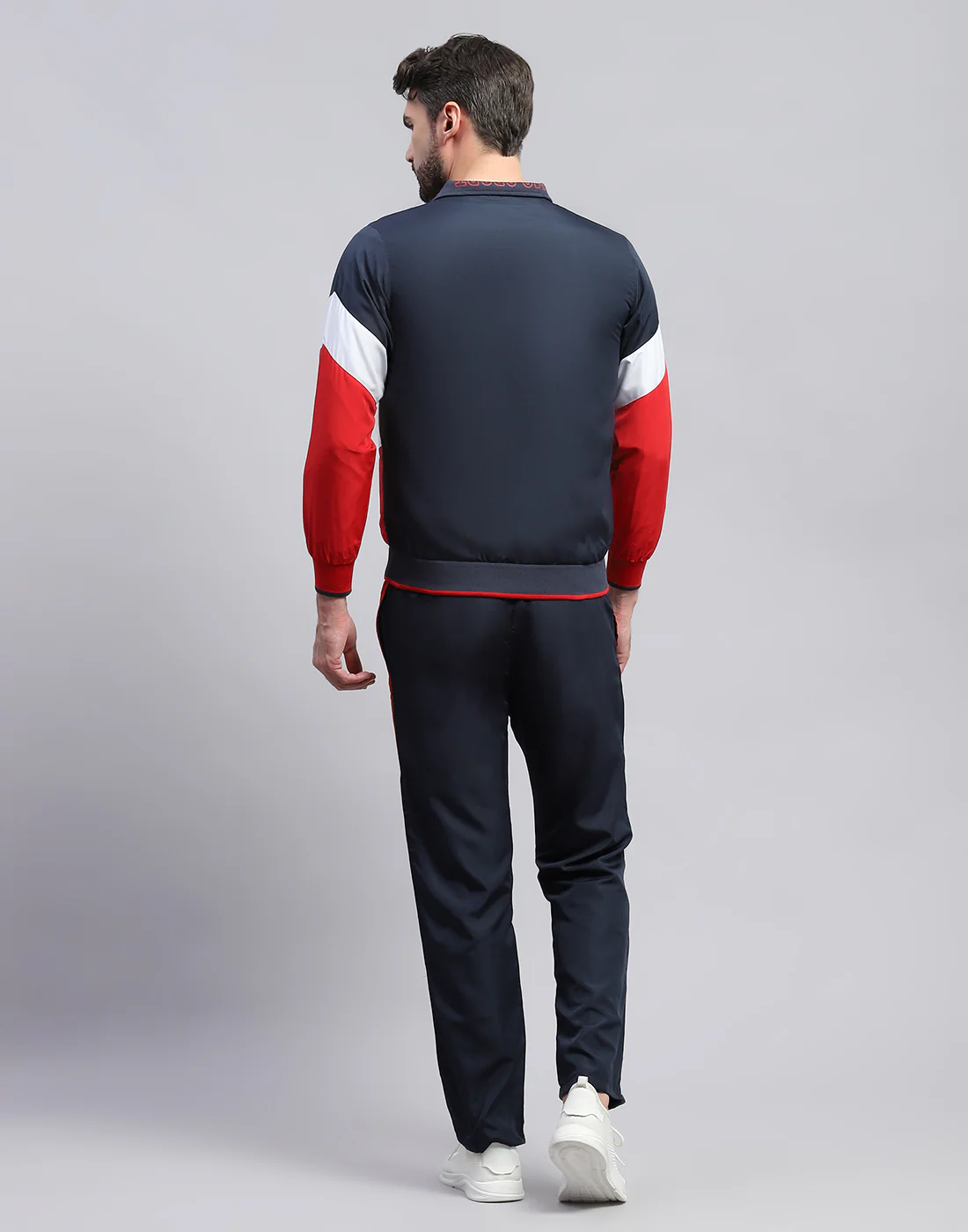 Men Navy Blue Solid Band Collar Full Sleeve Winter Tracksuit - Image 5