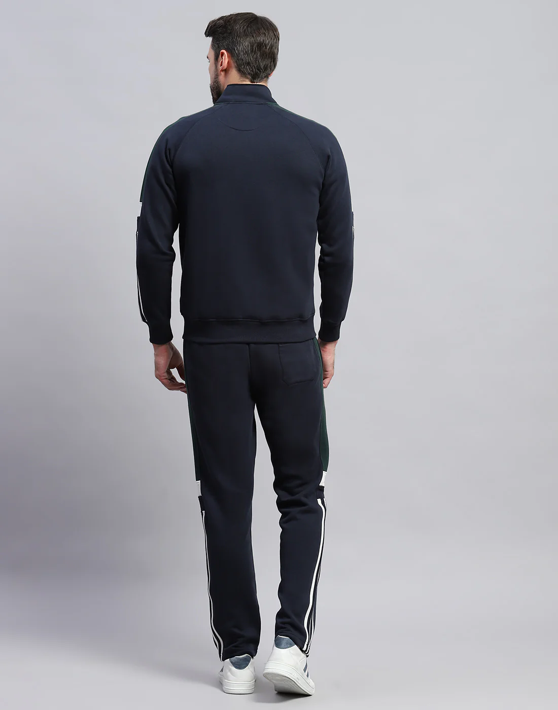 Men Navy Blue Solid Band Collar Full Sleeve Winter Tracksuit - Image 6