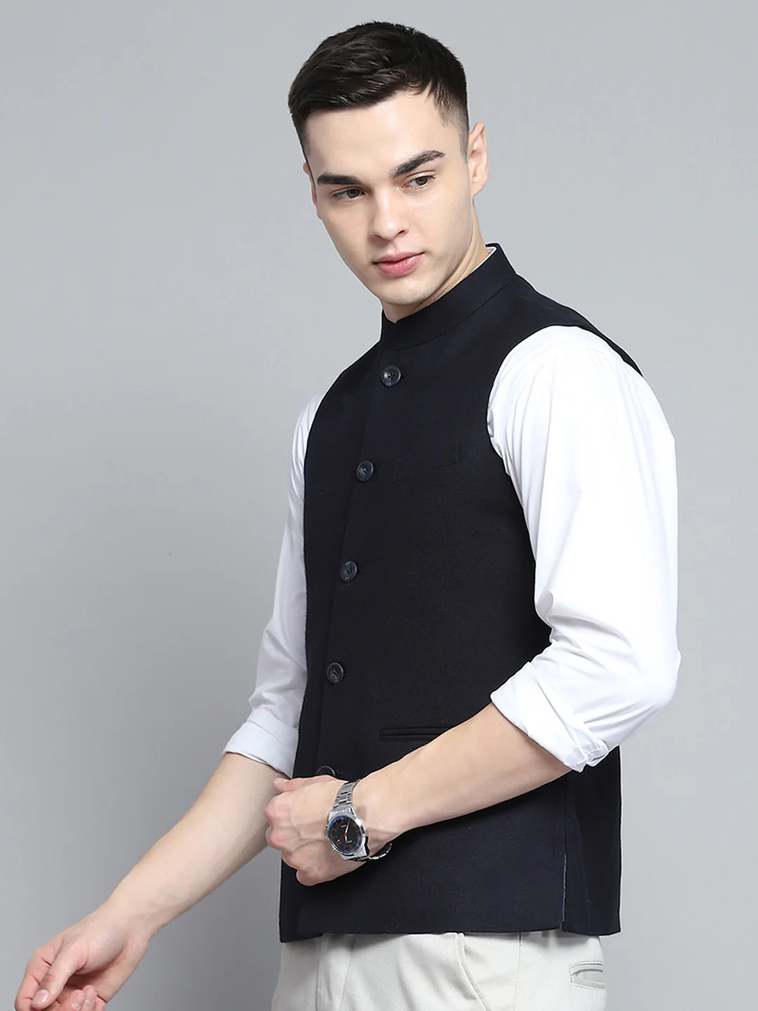 Men Navy Blue Solid Band Collar Sleeveless Jacket - Image 3