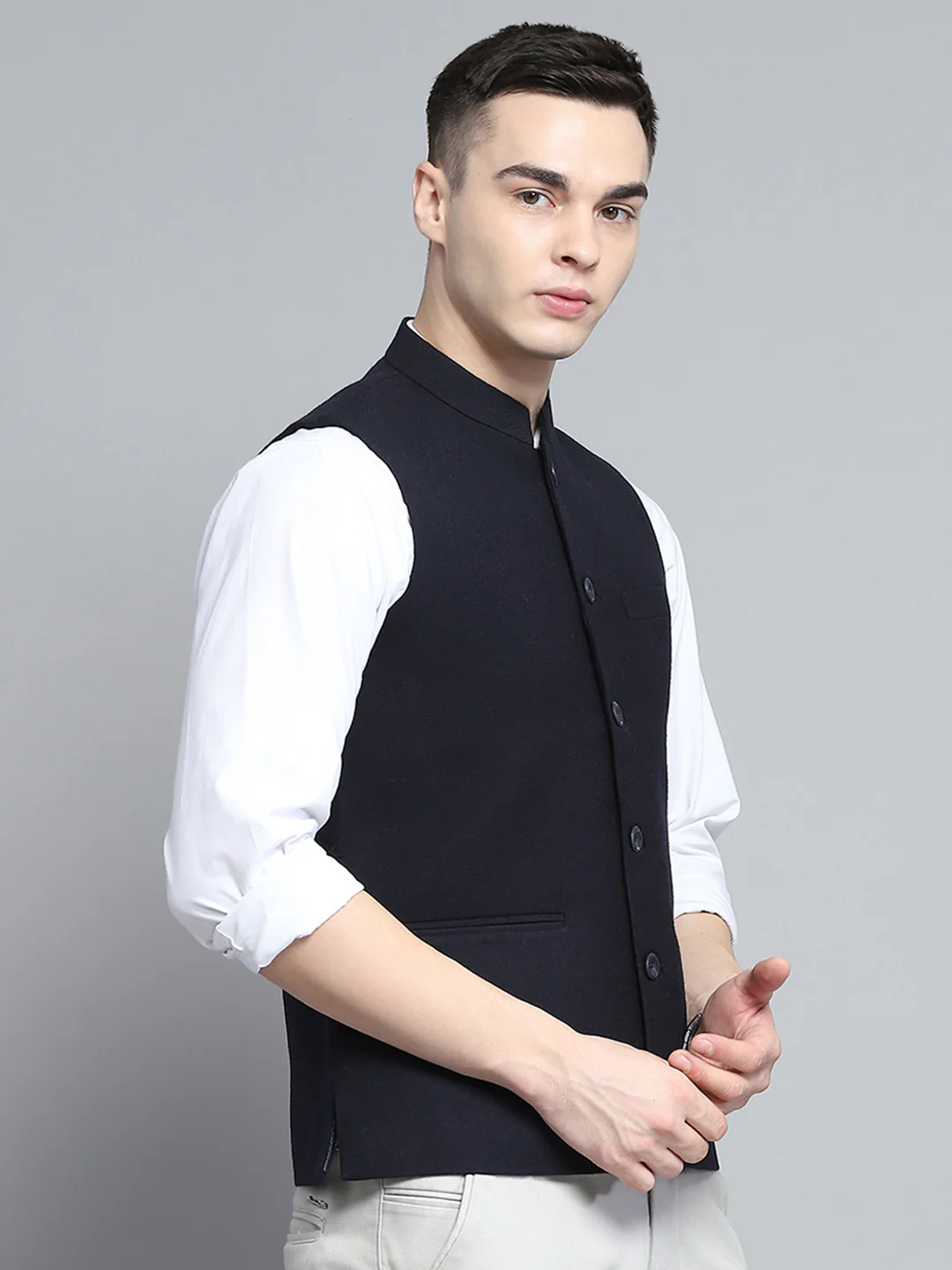 Men Navy Blue Solid Band Collar Sleeveless Jacket - Image 4