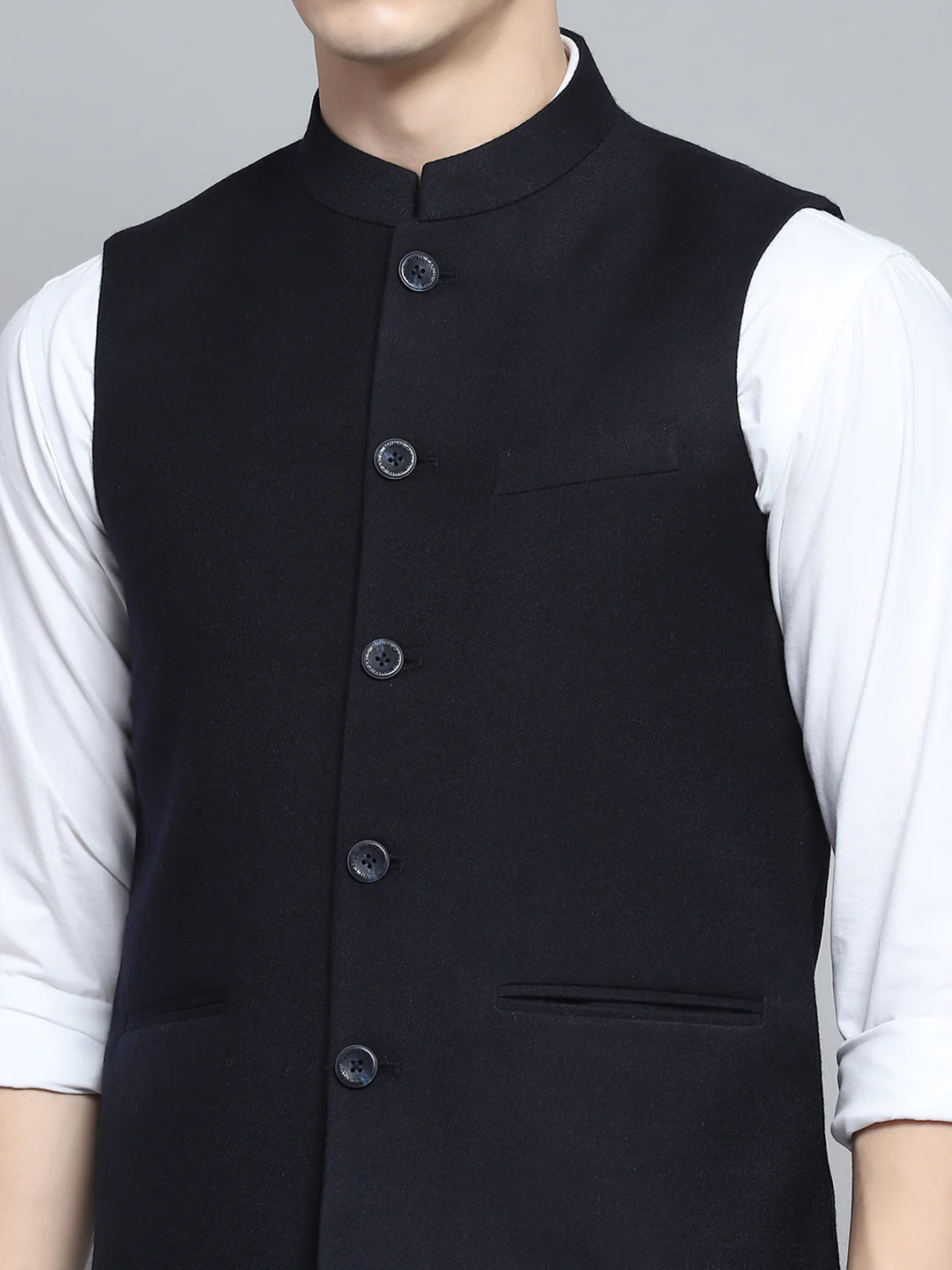 Men Navy Blue Solid Band Collar Sleeveless Jacket - Image 6