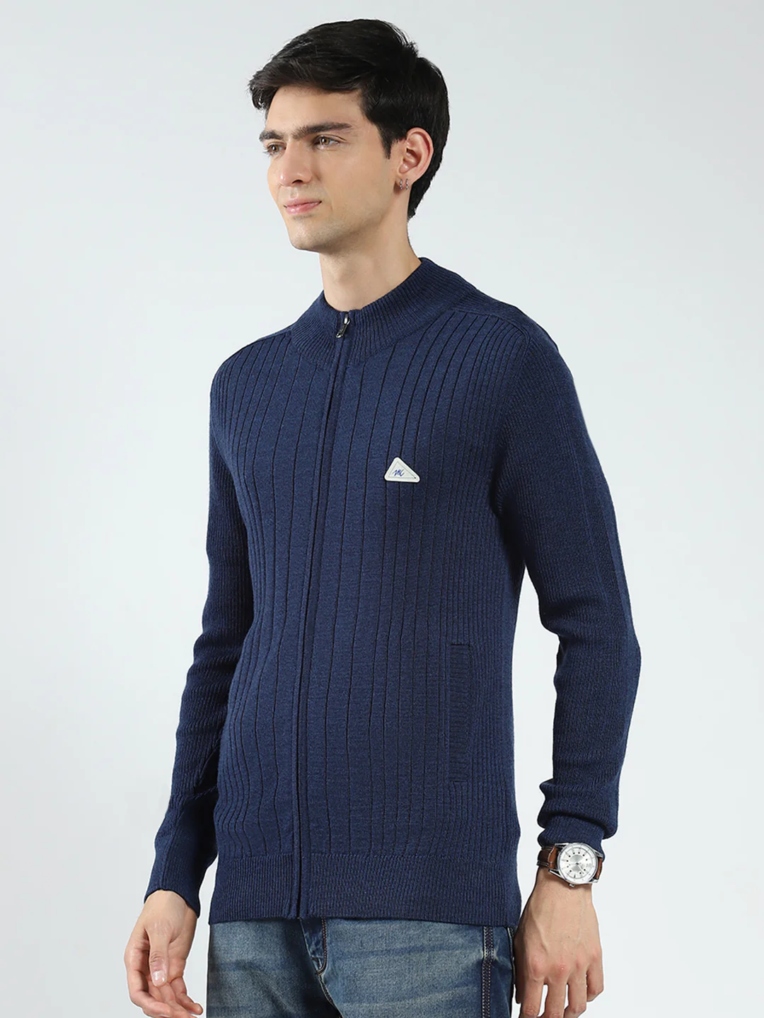 Men Navy Blue Solid Band Neck Full Sleeve Pullover - Image 3
