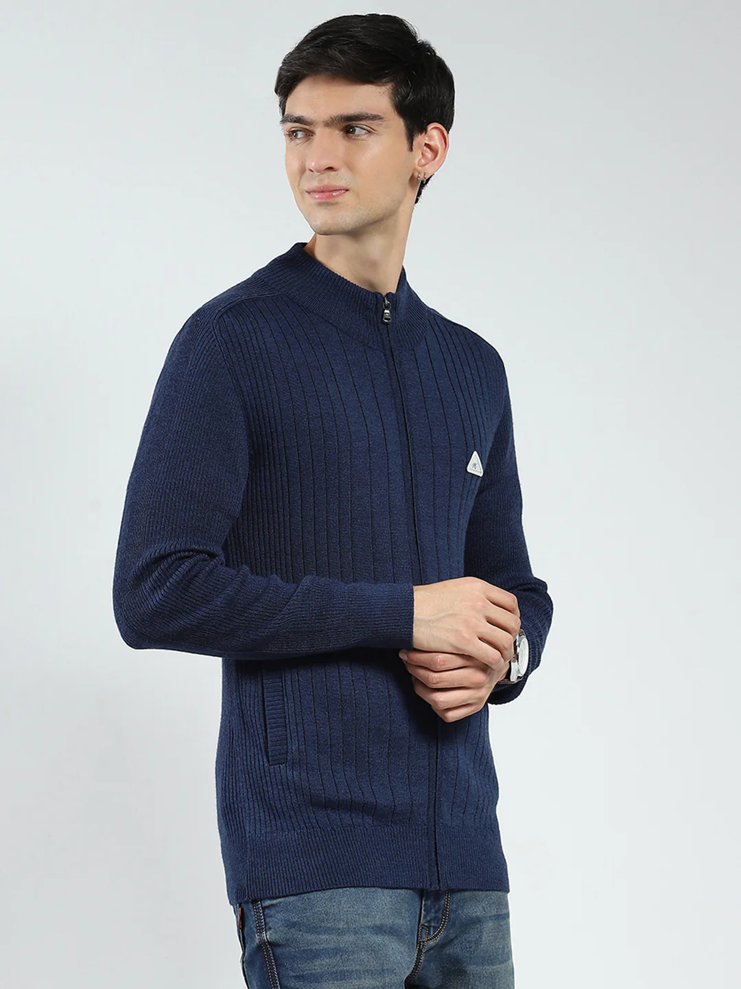 Men Navy Blue Solid Band Neck Full Sleeve Pullover - Image 4