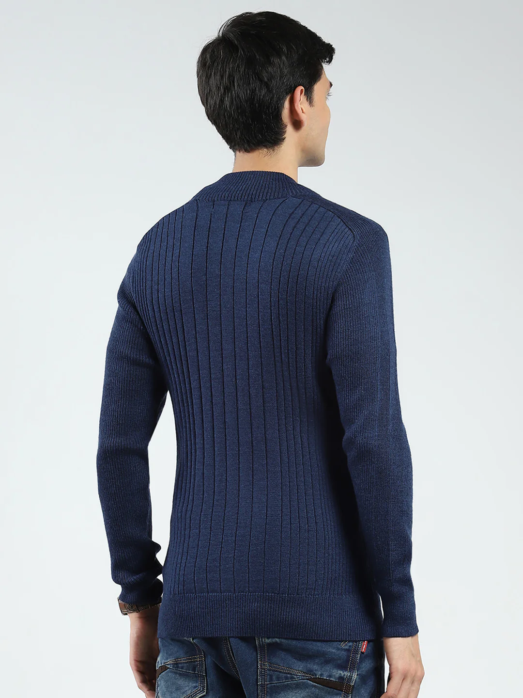 Men Navy Blue Solid Band Neck Full Sleeve Pullover - Image 5