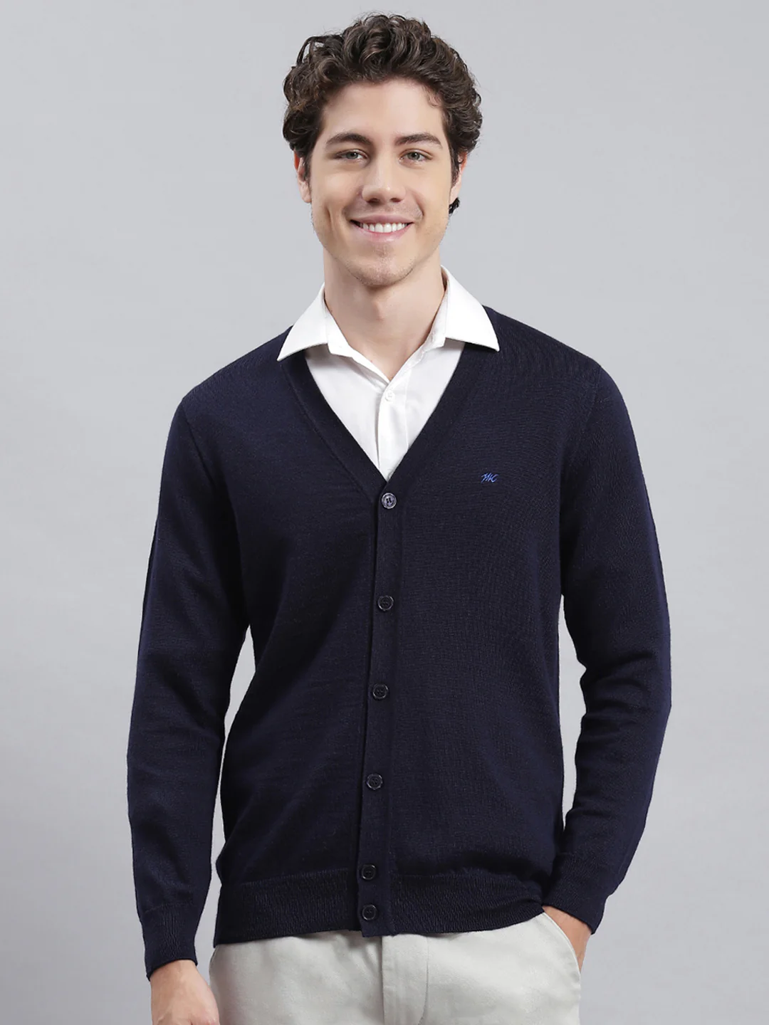 Men Navy Blue Solid Cardigan - Image 2