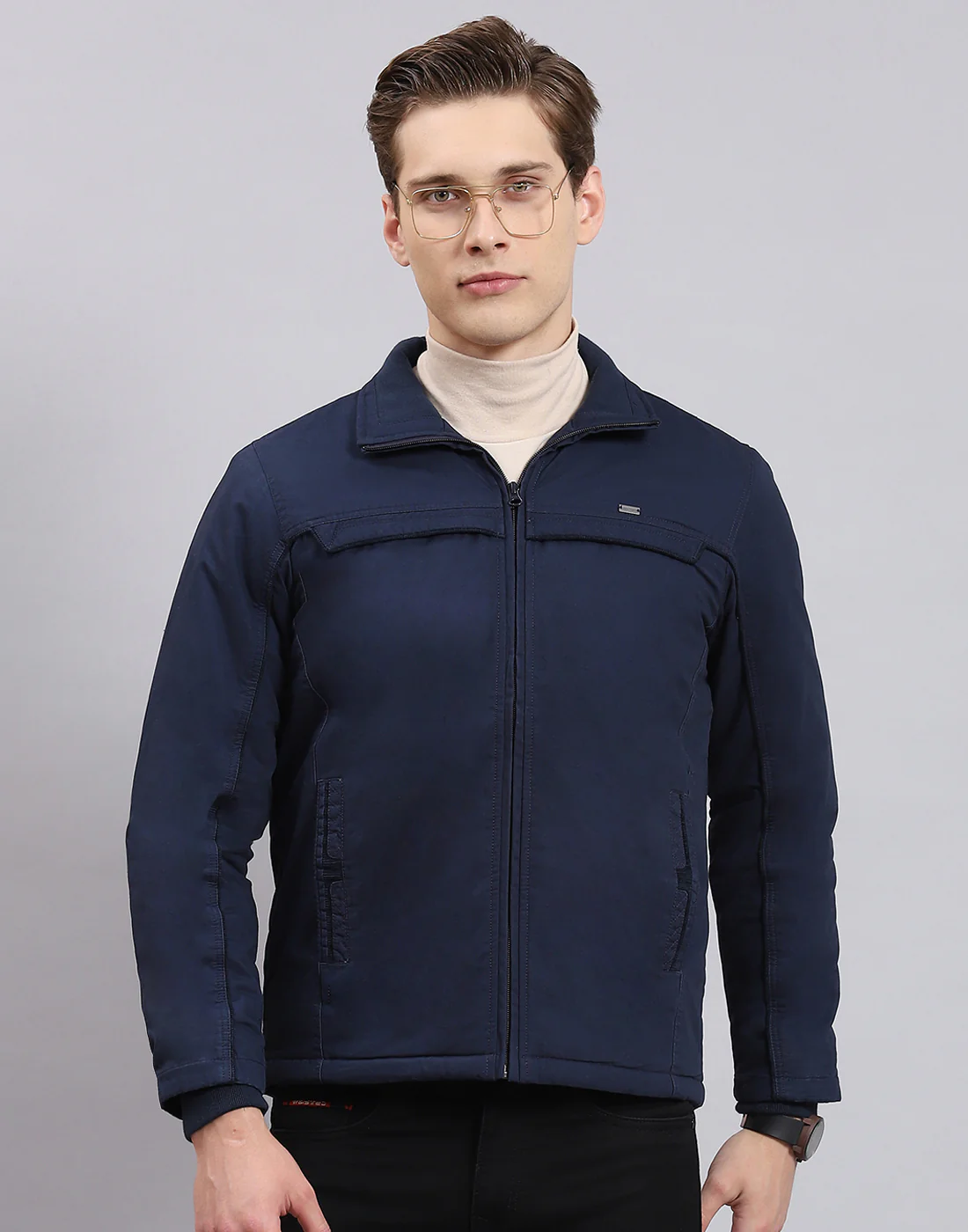 Men Navy Blue Solid Collar Full Sleeve Jacket - Image 2