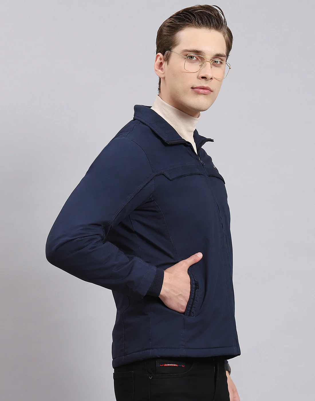Men Navy Blue Solid Collar Full Sleeve Jacket - Image 4