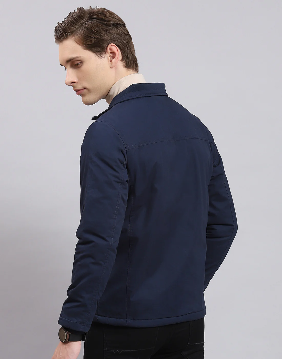 Men Navy Blue Solid Collar Full Sleeve Jacket - Image 6