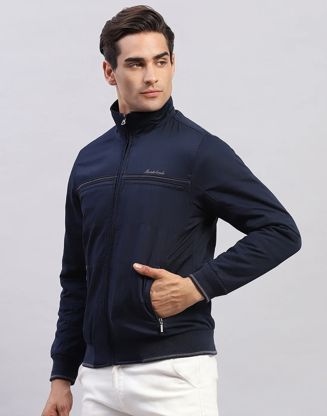 Men Navy Blue Solid Collar Full Sleeve Jacket - Image 3